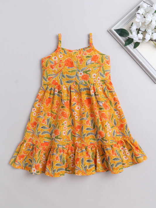 The Magic Wand Singlet Floral Printed Cotton Sustainable Sleeveless Strappy Tiered Dress - Mustard