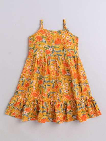 The Magic Wand Singlet Floral Printed Cotton Sustainable Sleeveless Strappy Tiered Dress - Mustard