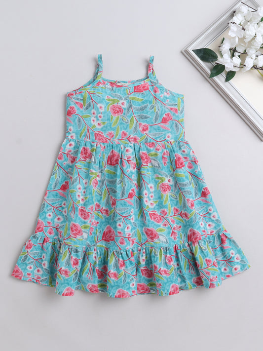 Singlet Floral Printed Cotton Sustainable Sleeveless Strappy Tiered Dress-Turquoise
