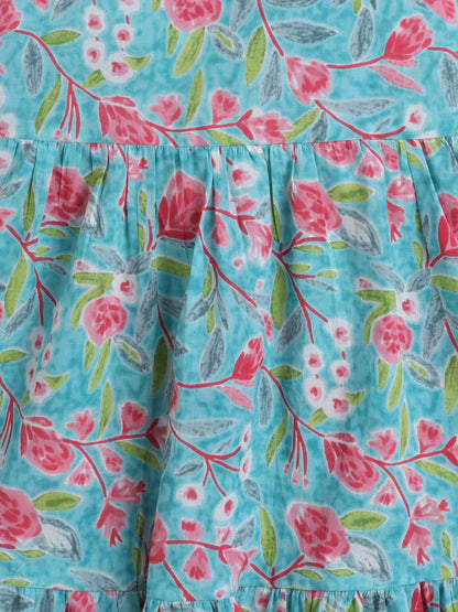 Singlet Floral Printed Cotton Sustainable Sleeveless Strappy Tiered Dress-Turquoise