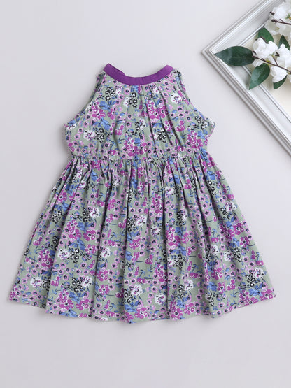 Cotton Floral Incut with Neckbelt Sleeveless Dress - Grey