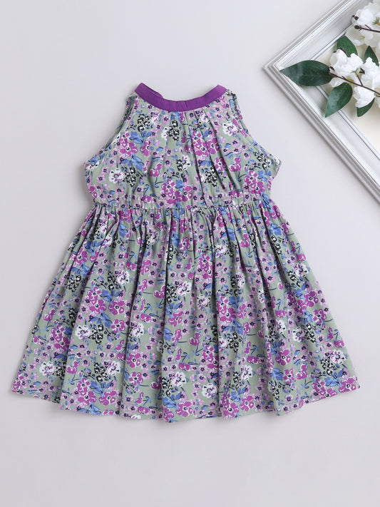 Cotton Floral Incut with Neckbelt Sleeveless Dress - Grey