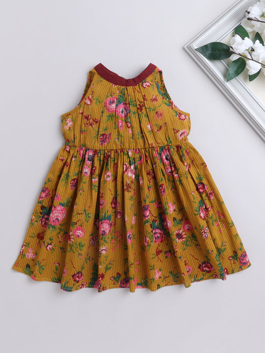 The Magic Wand Cotton Floral Incut with Neckbelt Sleeveless Dress-Mustard