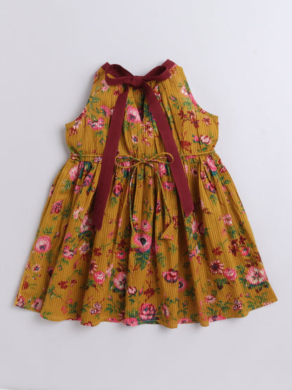 The Magic Wand Cotton Floral Incut with Neckbelt Sleeveless Dress-Mustard
