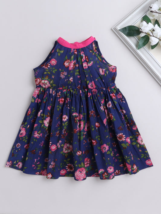 Cotton Floral Incut with Neckbelt Sleeveless Dress - Blue
