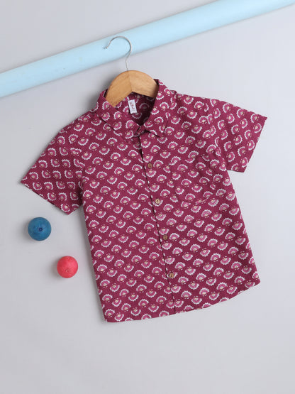 Half Sleeves Cotton Floral Print Shirt- Wine