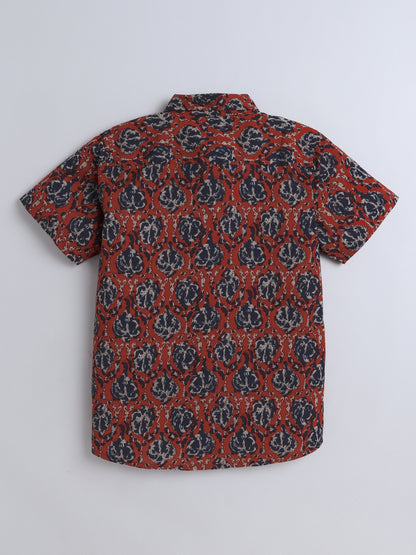 Half  Sleeves Cotton Floral Print Shirt- Maroon