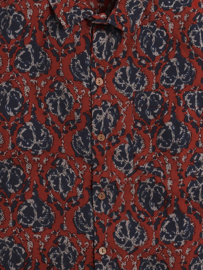 Half  Sleeves Cotton Floral Print Shirt- Maroon