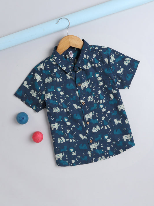 Half Sleeves Cotton Puppy Print Shirt- Blue