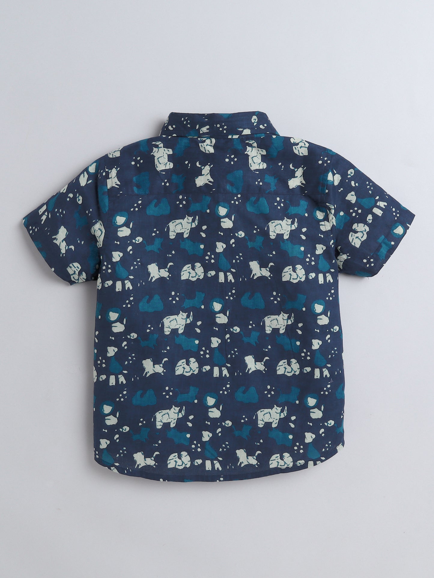 Half Sleeves Cotton Puppy Print Shirt- Blue