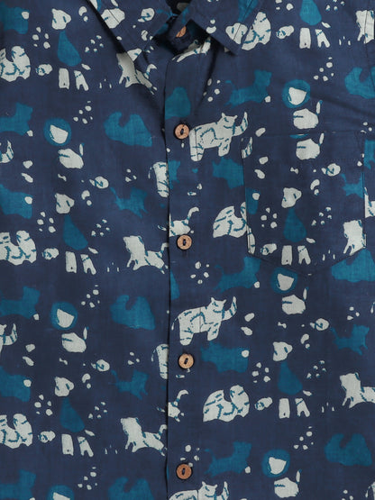 Half Sleeves Cotton Puppy Print Shirt- Blue