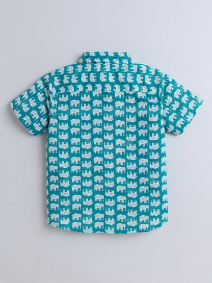 Full Sleeves Cotton Elephant Print Shirt- Blue