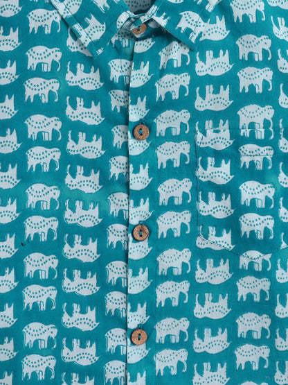 Full Sleeves Cotton Elephant Print Shirt- Blue