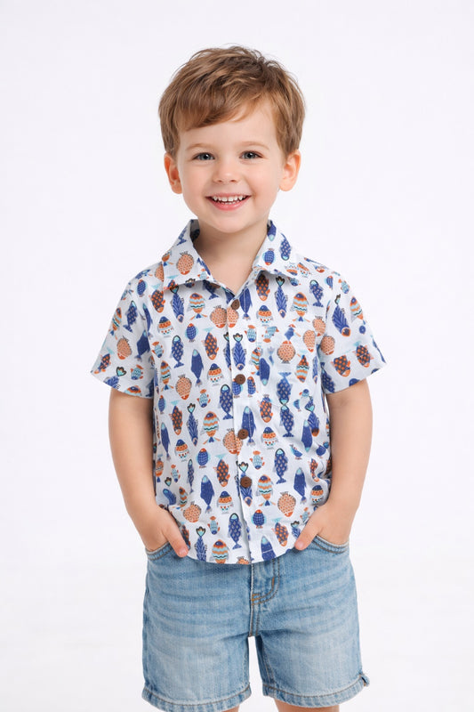 The Magic Wand˜Cotton Half Sleeves Fishes Printed Shirt - Multi Colour
