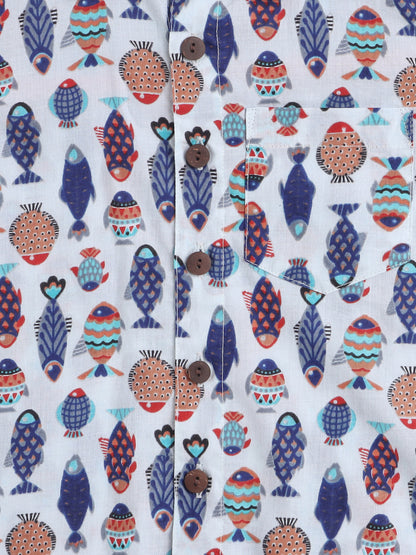 The Magic Wand˜Cotton Half Sleeves Fishes Printed Shirt - Multi Colour
