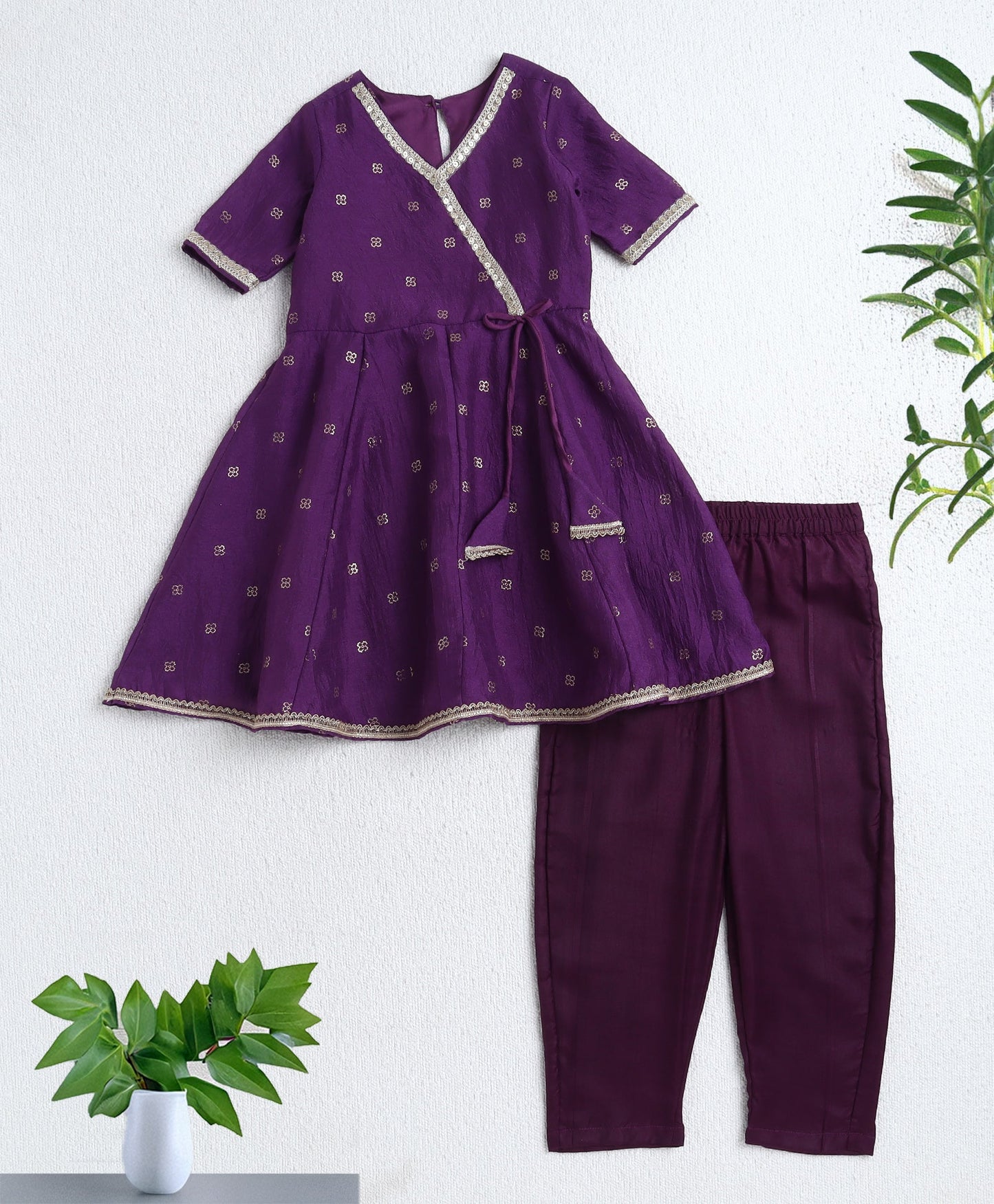 Woven Three Fourth Sleeves Foil Printed Kurti and Bottom Set- Purple