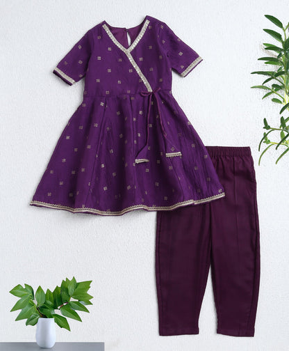 Woven Three Fourth Sleeves Foil Printed Kurti and Bottom Set- Purple