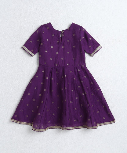 Woven Three Fourth Sleeves Foil Printed Kurti and Bottom Set- Purple