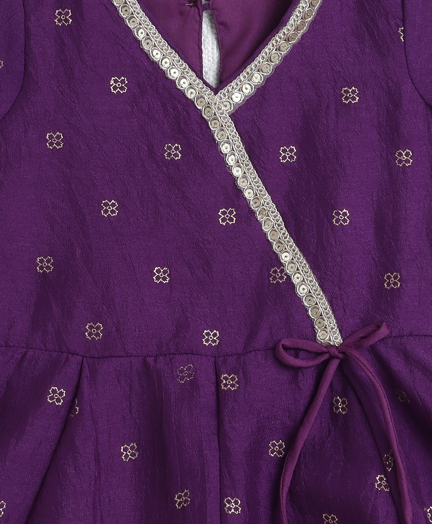 Woven Three Fourth Sleeves Foil Printed Kurti and Bottom Set- Purple