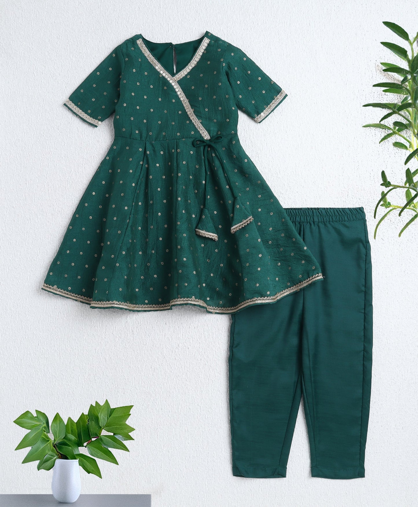 Woven 3/4th Sleeves Foil Printed Kurti and Bottom Set- Green