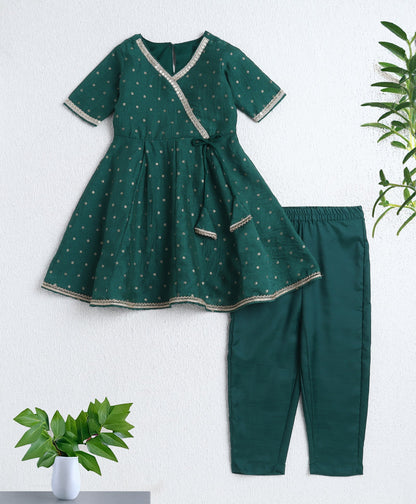 Woven 3/4th Sleeves Foil Printed Kurti and Bottom Set- Green