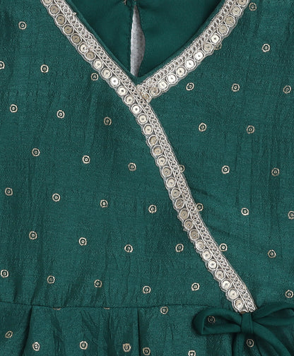 Woven 3/4th Sleeves Foil Printed Kurti and Bottom Set- Green