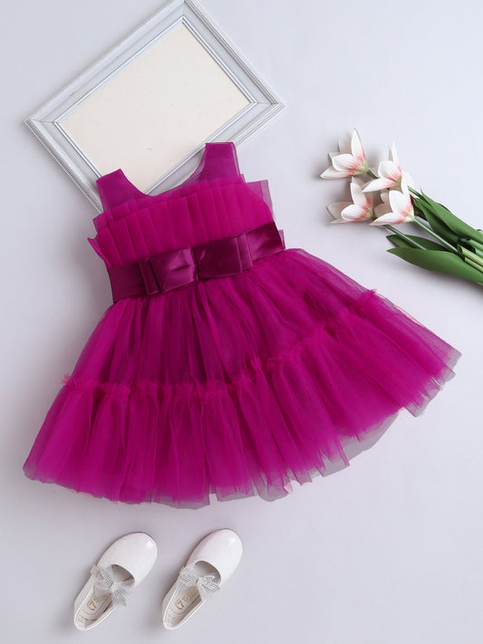 Sleeveless Bow Applique Detailed Flared Dress - Magenta