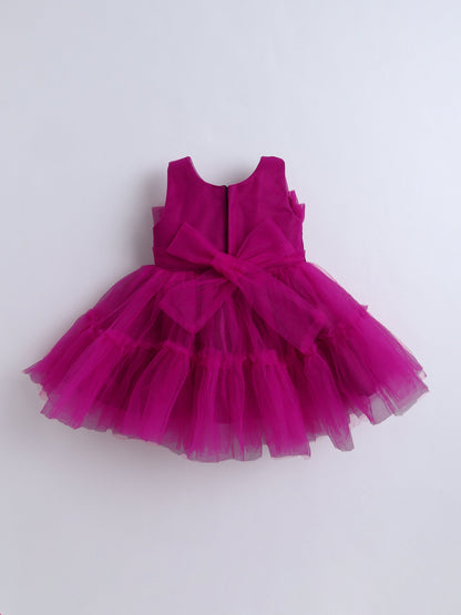 Sleeveless Bow Applique Detailed Flared Dress - Magenta