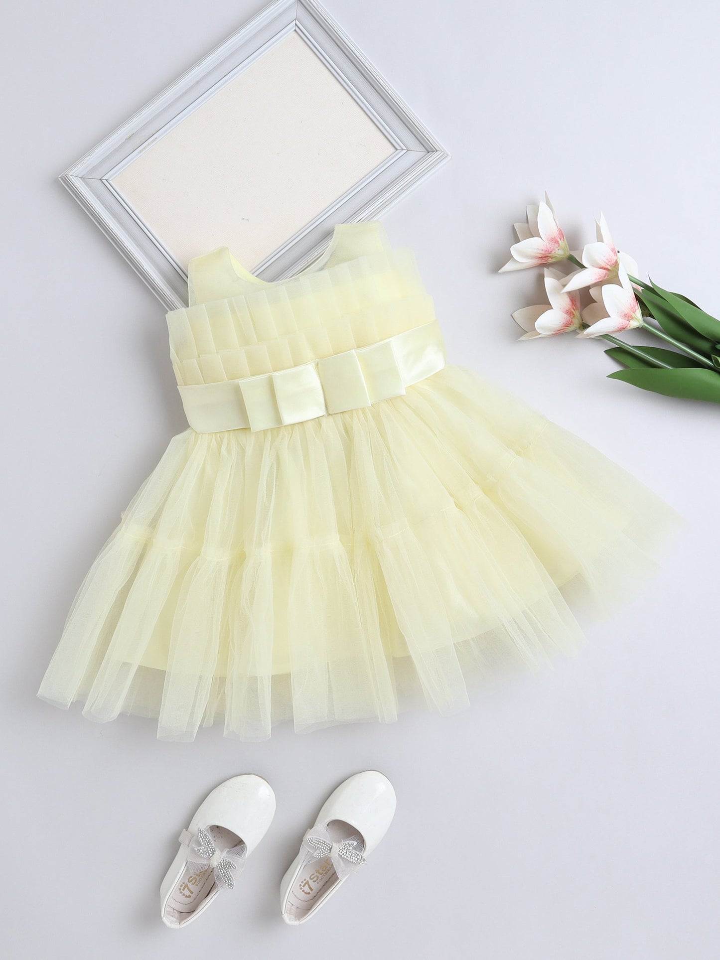 Sleeveless Net Bouquet Yoke Frill Party Dress - Yellow
