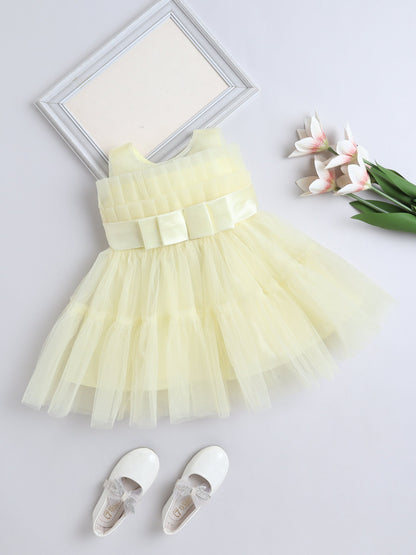 Sleeveless Net Bouquet Yoke Frill Party Dress - Yellow