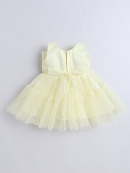 Sleeveless Net Bouquet Yoke Frill Party Dress - Yellow