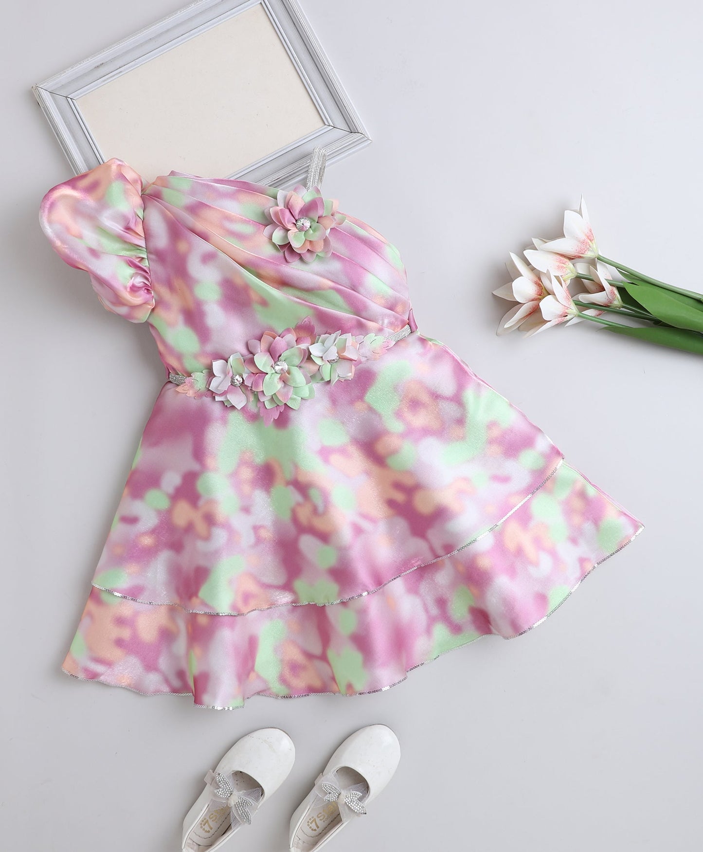 Woven One Shoulder Corsage Digital Printed Party Dress- Lavender