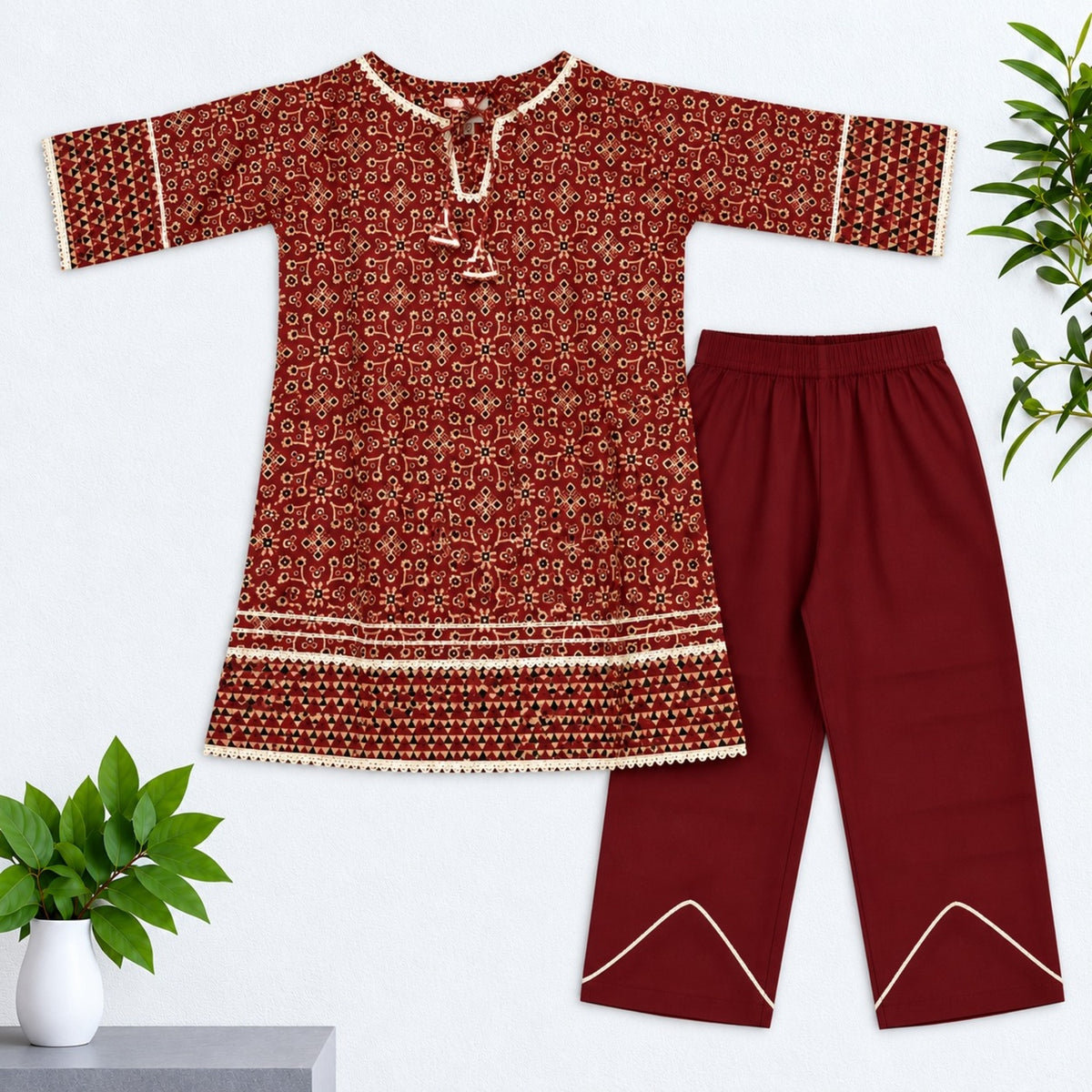 The Magic Wand Cotton Woven Laced Ajrakh Geometric Floral Printed Kurti And Tulip Pant Set - Maroon