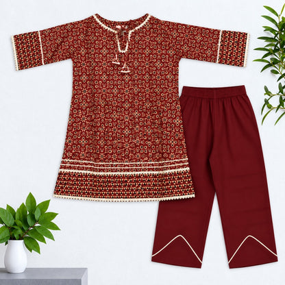 The Magic Wand Cotton Woven Laced Ajrakh Geometric Floral Printed Kurti And Tulip Pant Set - Maroon