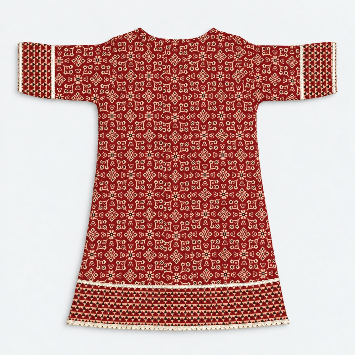 The Magic Wand Cotton Woven Laced Ajrakh Geometric Floral Printed Kurti And Tulip Pant Set - Maroon