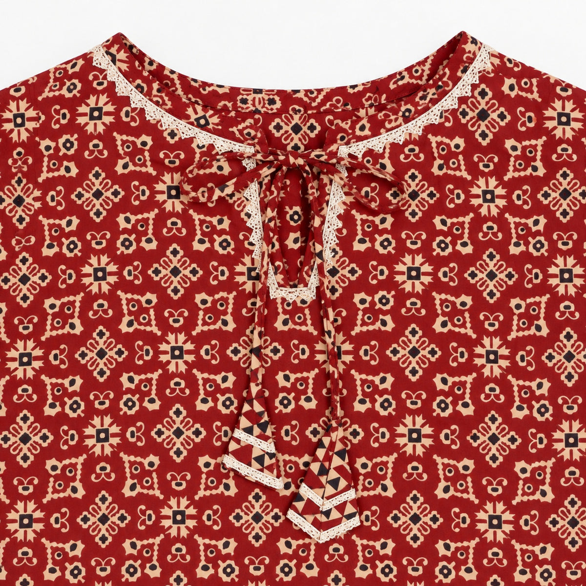 The Magic Wand Cotton Woven Laced Ajrakh Geometric Floral Printed Kurti And Tulip Pant Set - Maroon