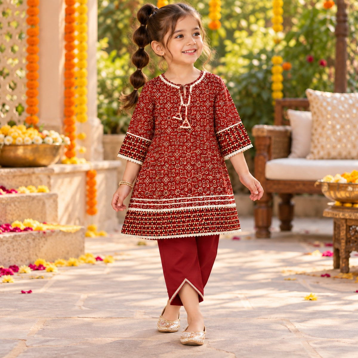 The Magic Wand Cotton Woven Laced Ajrakh Geometric Floral Printed Kurti And Tulip Pant Set - Maroon