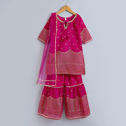 The Magic Wand Woven Lace Embellished Three Fourth Sleeves Kurta Sharara with Dupatta - Fuchsia
