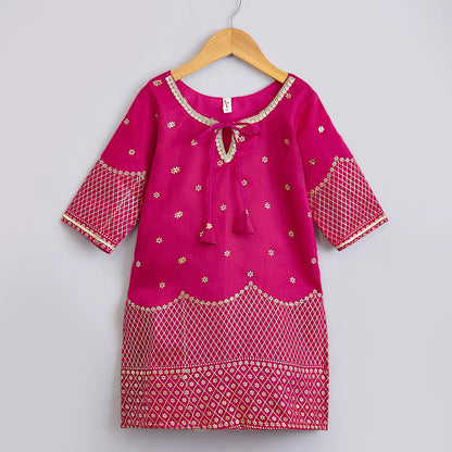 The Magic Wand Woven Lace Embellished Three Fourth Sleeves Kurta Sharara with Dupatta - Fuchsia