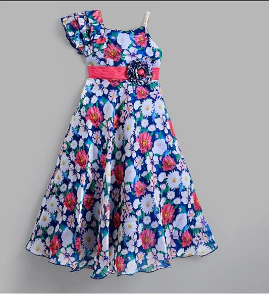 The Magic Wand Organza One Shoulder With Flower Brooch Party Gown - Blue