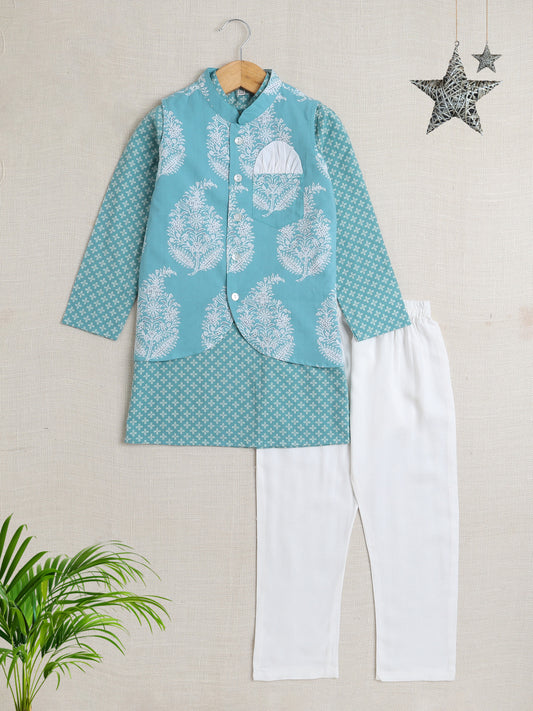 Full Sleeves Floral Print Kurta set with Jacket- Mint