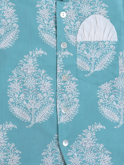 Full Sleeves Floral Print Kurta set with Jacket- Mint