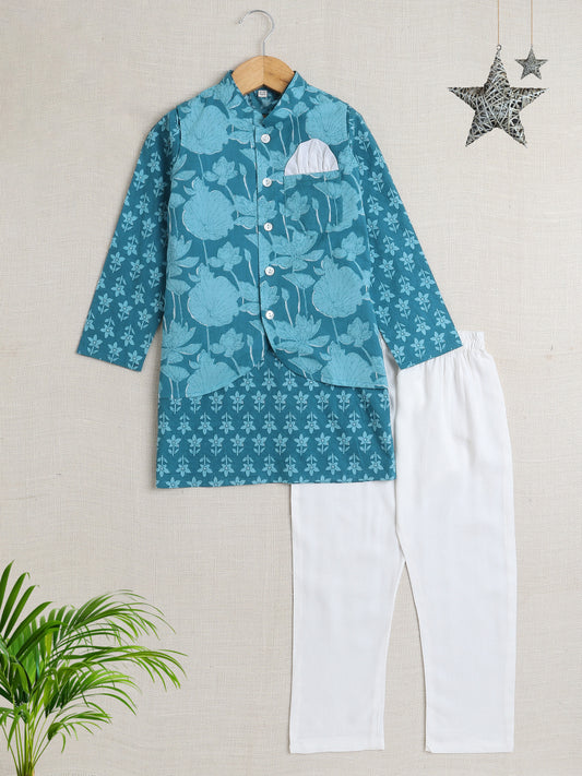 Full Sleeves Floral Print Kurta set with Jacket- Blue
