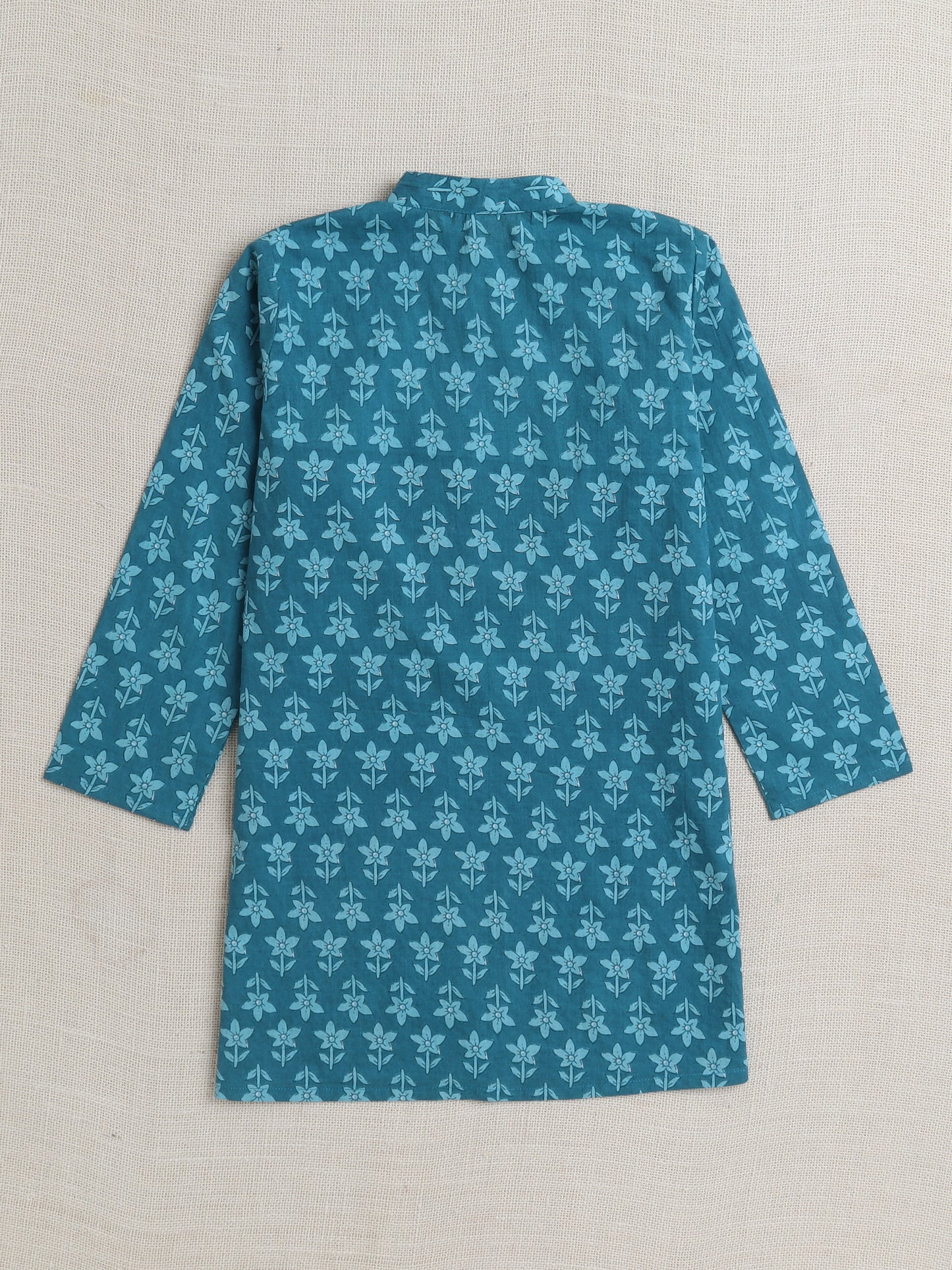 Full Sleeves Floral Print Kurta set with Jacket- Blue