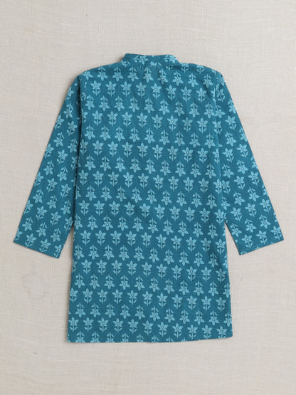 Full Sleeves Floral Print Kurta set with Jacket- Blue