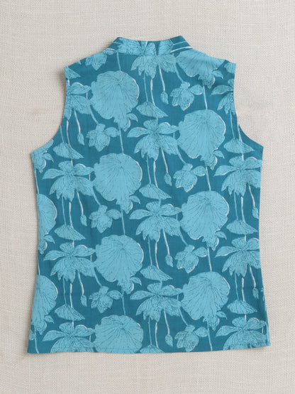 Full Sleeves Floral Print Kurta set with Jacket- Blue