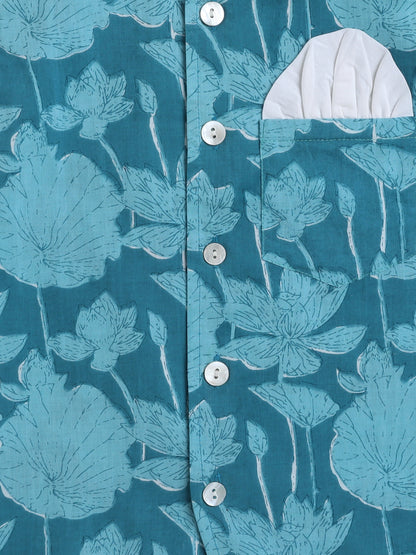 Full Sleeves Floral Print Kurta set with Jacket- Blue