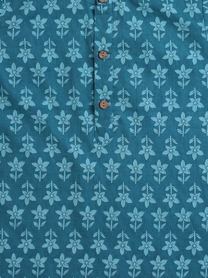 Full Sleeves Floral Print Kurta set with Jacket- Blue