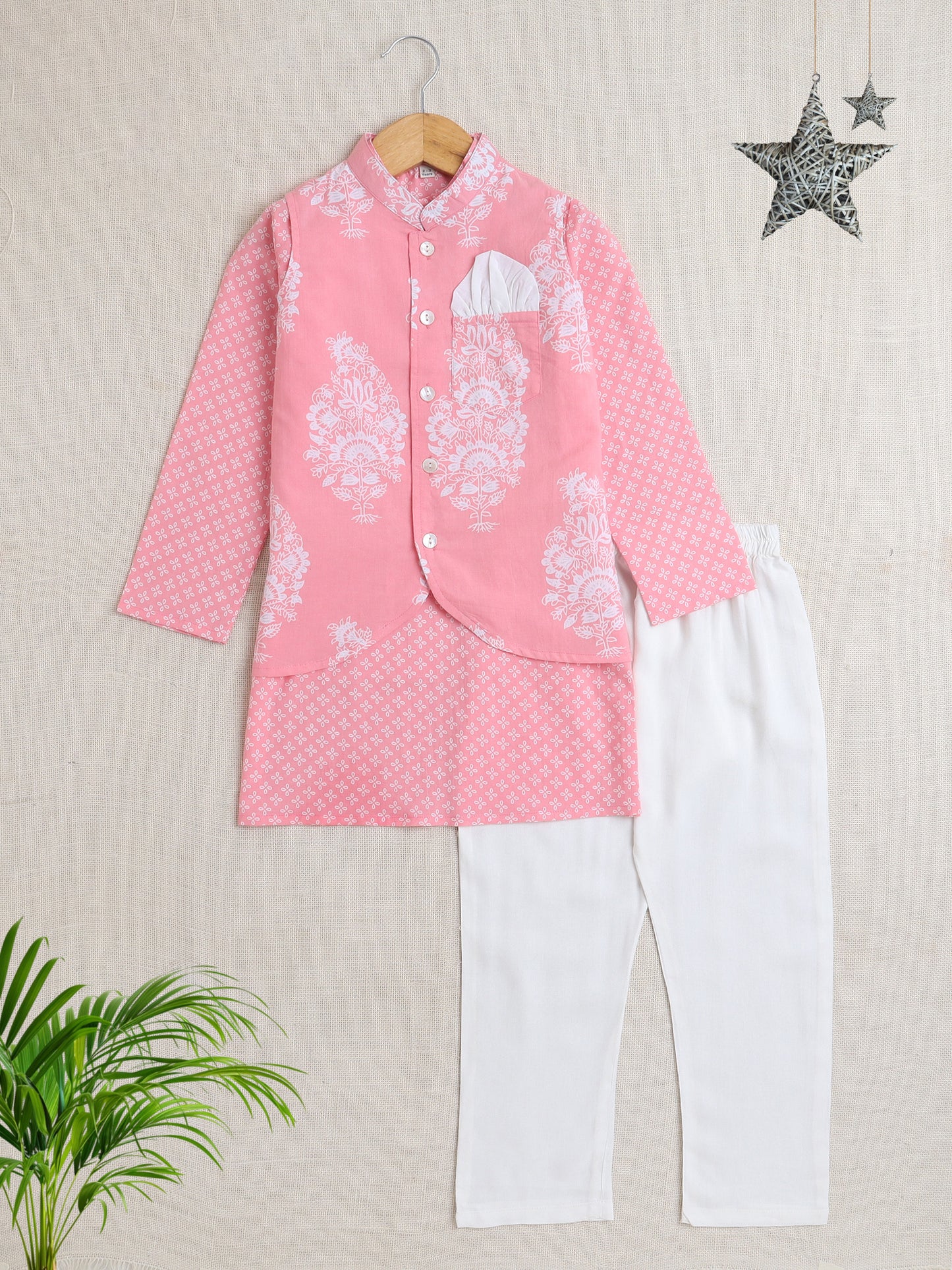 Full Sleeves Floral Print Kurta set with Jacket- Pink