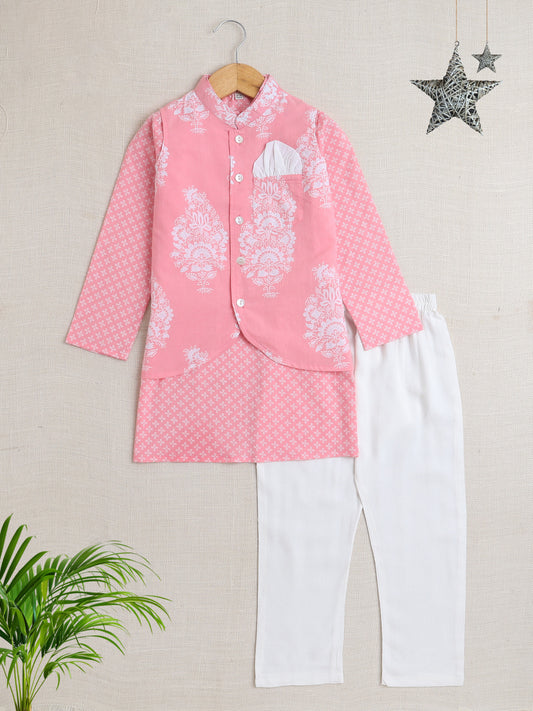 Full Sleeves Floral Print Kurta set with Jacket- Pink